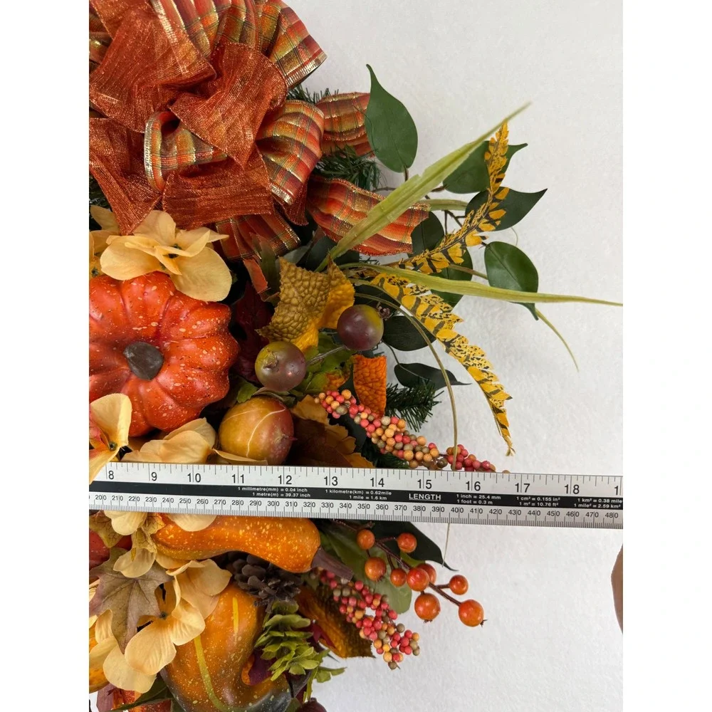 Fall Harvest Pumpkin Gourd Floral Swag Wreath Orange Plaid Bow Autumn Decor
